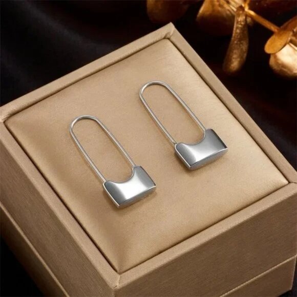 18K White Gold Plated Safety Pin Lock Dangle Earrings Stainless Steel